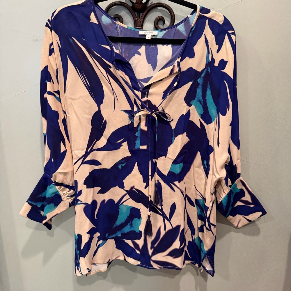Tyler Boe Cream Blouse with Navy & Teal Floral Print